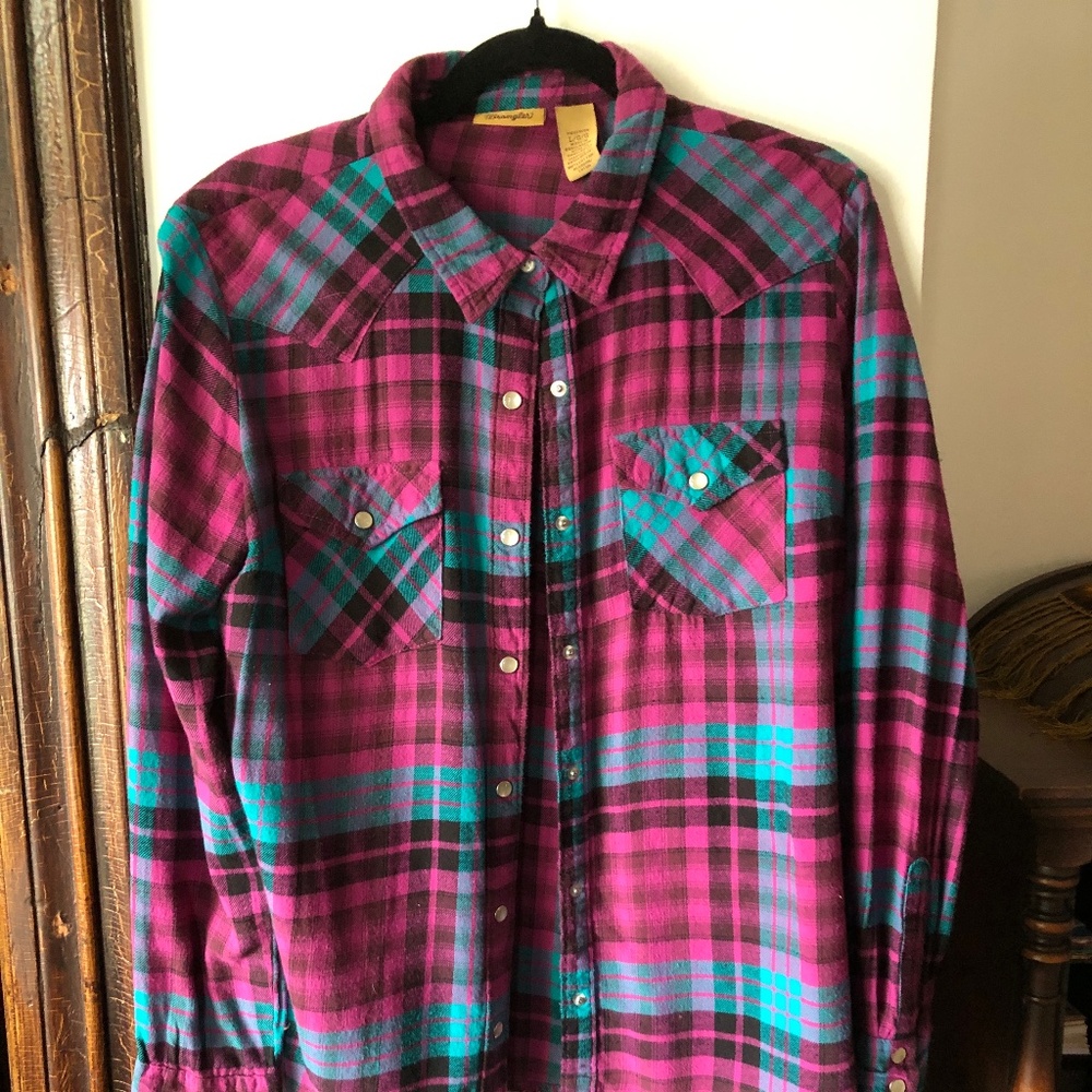 Wrangler Purple Plaid Pearl Snap Western Womens Flannel Shirt Large